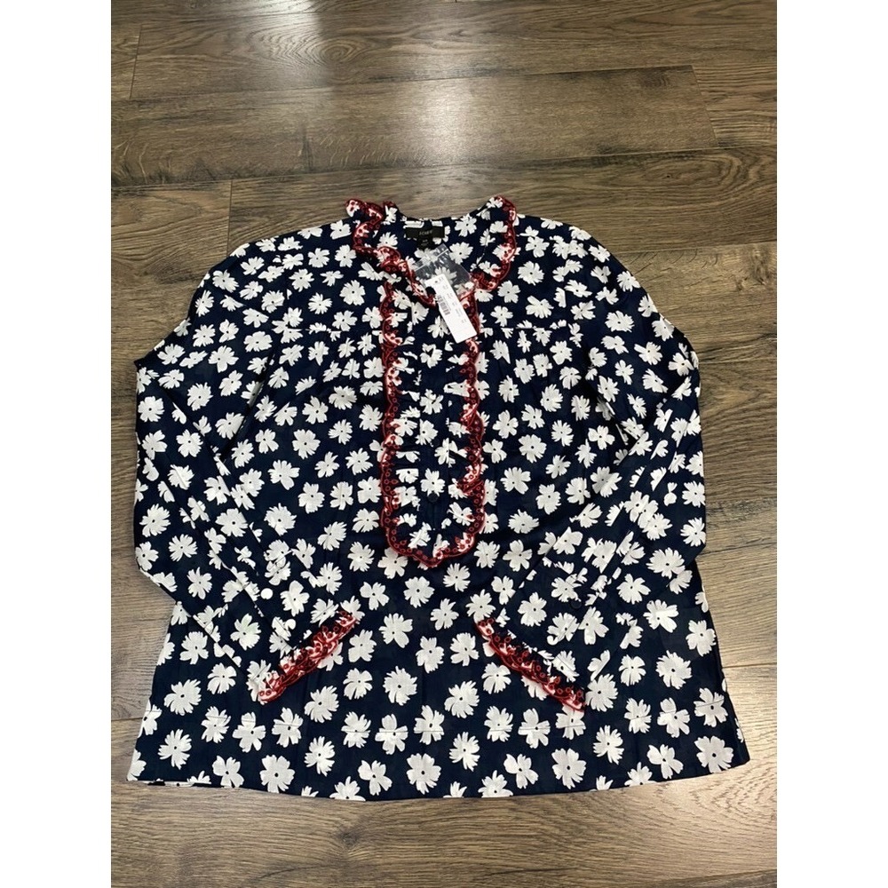 NWT Womens J Crew popover embroidered floral button blouse long sleeve size XS